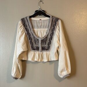 Free People Women’s Iggie Embroidered Scoop Neck Long Sleeve Cotton Crop XS
